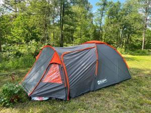 的住宿－telšu vietas Divi Ozoli，坐在草地上的黑色和橙色帐篷
