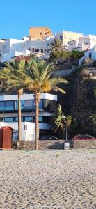 dos palmeras en la playa frente a un edificio en Victoria loft, en Castell de Ferro