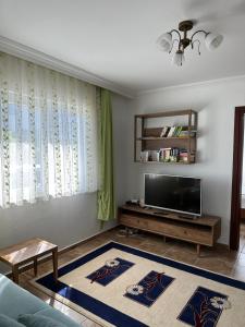 a living room with a tv and a couch at Villa Misli - Heart of Dalyan and Newly Renovated in Dalyan