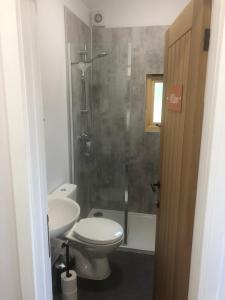 a bathroom with a toilet and a shower and a sink at Scallow Campsite in Lewes