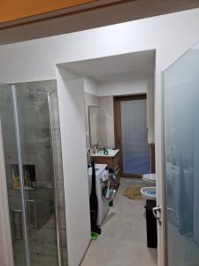 a bathroom with a shower and a toilet and a sink at Casa Gion in Santo Stefano di Cadore