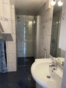a bathroom with a sink and a shower at Tallgatan Garden in Fjällbacka
