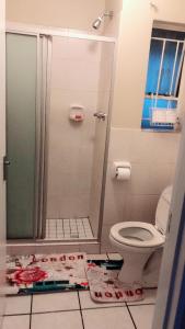 a bathroom with a toilet and a glass shower at Menlyn Bizcation Accommodation in Pretoria