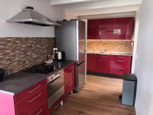 een keuken met rode kasten en een roestvrijstalen koelkast bij 'Vakantiehuisje Natuurlijk! - nabij molen, meer, strand & stad' in Hoorn