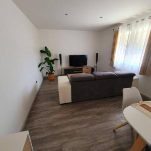 マリニャーヌにあるJoli haut de villa 3 chambres climatisé avec jacuzziのソファとテレビのあるリビングルーム