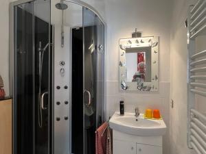 a bathroom with a sink and a shower and a mirror at Radstation Menz in Menz +22 photos