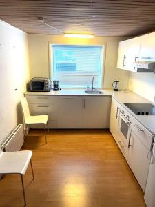 una pequeña cocina con fregadero y ventana en Nice House in centrum. en Frederikshavn