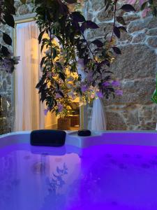 a purple bath tub with a potted plant in it at Encanto Casa com Spa Jacuzzi Open Space in Tinalhas