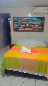 Porto Cajá by VM في بورتو دي غالينهاس: غرفة نوم مع سرير ملون مع لوحة على الحائط