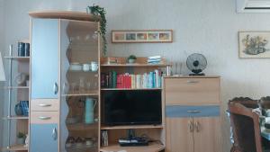 a living room with a tv in a book shelf at Toni&Megi Apartment in Jesenice