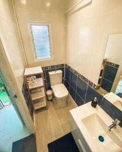 a bathroom with a toilet and a sink and a mirror at Apartamento 15' Barcelona centro in Santa Coloma de Gramanet