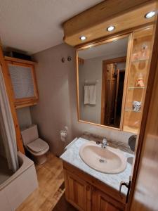 ein Badezimmer mit einem Waschbecken, einem WC und einem Spiegel in der Unterkunft Apartamento acogedor con vistas in Taull