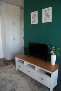 a living room with a television on a table at Apartament zielony in Konin