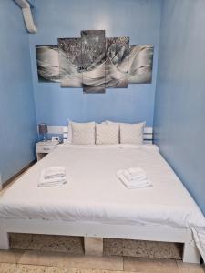 Ce lit se trouve dans une chambre bleue ornée de 3 peintures murales. dans l'établissement Torino Panoramic view Apartment, à Turin