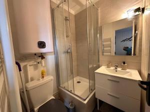 a bathroom with a shower and a sink at Studio Guzet-Neige, au pied des pistes in Ustou