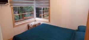 a bedroom with a blue bed and two windows at Cabañas el Mirador in Recinto