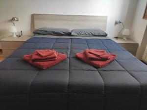 uma cama com duas toalhas vermelhas em cima em Villetta con giardino em Camugnano
