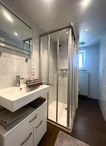 a bathroom with a shower and a white sink at Moderne Ferienwohnung mit Terrasse in Guxhagen