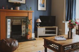 Una sala de estar con chimenea y televisión. en A cosy garden flat in a quiet area close to the city centre, en Bristol