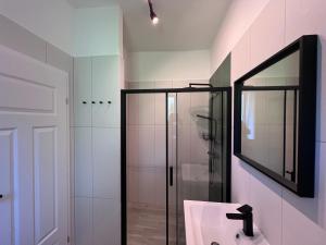 a bathroom with a shower and a sink and a mirror at Best Apartman Boglár in Balatonboglár