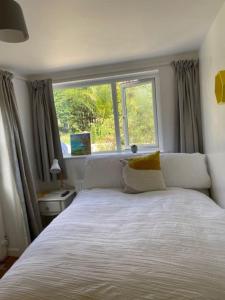 法爾茅斯的住宿－Light airy comfy small double room with en-suite，一间卧室设有一张大床和窗户