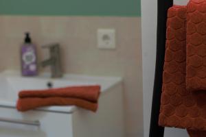 een badkamer met een wastafel en een rode handdoek bij La Casita Middelburg in Middelburg