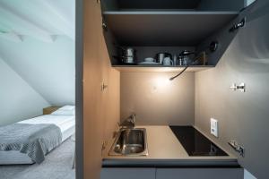 una cocina con fregadero y una cama en una habitación en Quartier Carpe Diem, en Prerow