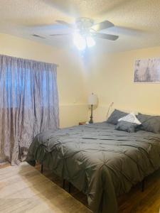 1 dormitorio con 1 cama y ventilador de techo en Luxury 2 bedroom rental place with a fireplace en Colorado Springs