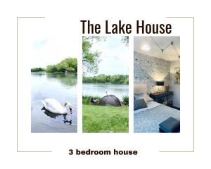 drie foto's van een huis aan het meer en een zwaan in het water bij The Lake House, Woking in Woking