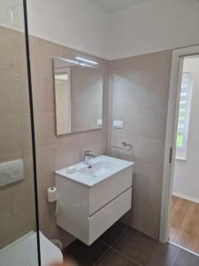 a bathroom with a white sink and a mirror at Apartman Anka in Komin