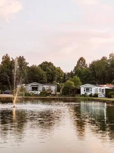 a fountain in the middle of a lake with houses at Zonnig chalet aan mooie visvijver in Voorthuizen