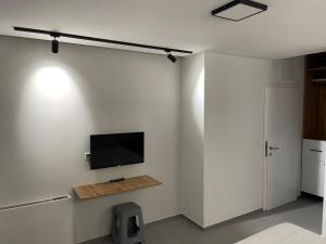 salon z telewizorem na białej ścianie w obiekcie Apartments Joana w Ochrydzie