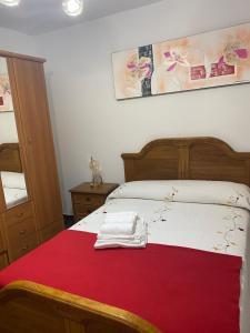 1 dormitorio con 1 cama con manta roja en Pisos A Barca, en Muxía