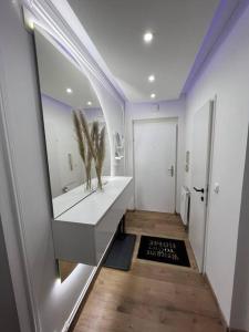 W łazience znajduje się lustro i umywalka z piórami. w obiekcie Traum Wohnung mit Kingsize-Bett w Grazu