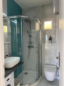 a bathroom with a shower and a toilet and a sink at Apartman Planinić in Rogoznica