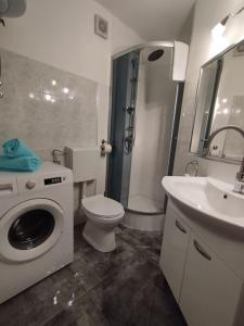 a bathroom with a toilet a sink and a washing machine at Apartman Marija in Zlarin