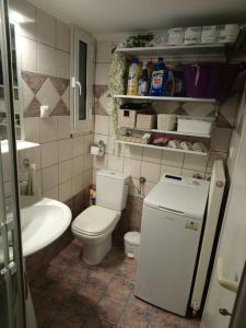 La petite salle de bains est pourvue de toilettes et d'un lavabo. dans l'établissement Lux δυάρι με parking στο κέντρο, à Vólos