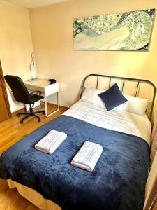 um quarto com uma cama, uma secretária e uma cadeira em London Mackenzie Apartment em Londres
