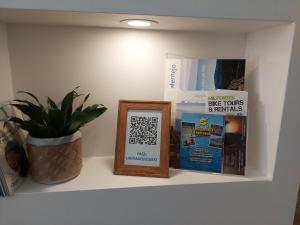 a shelf with a picture and a plant on it at Estúdio Lagoa Azul in Vila Nova de Milfontes
