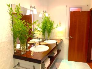 La salle de bains est pourvue de 2 lavabos et d'un grand miroir. dans l'établissement CASA ANDAQUE con Aire Acondicionado, Parking y Patio en el Centro Histórico, à Tolède