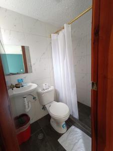 a bathroom with a white toilet and a sink at Hostal CañaLimeña in Baños