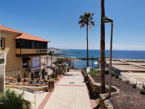 a sidewalk next to a beach with a palm tree and a building at Apartamento Helena en Garden City con piscina climatizada in Playa Fañabe