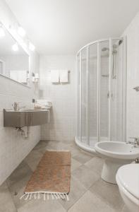a bathroom with a shower and a sink and a toilet at Hotel Compagnoni in Santa Caterina Valfurva