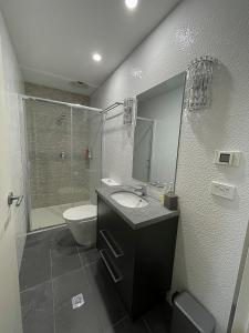 a bathroom with a sink and a toilet and a shower at Frostwood in Mount Buller