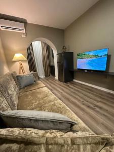 sala de estar con sofá y TV de pantalla plana en Bejart Apartment 4, en Tirana