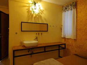 La salle de bains est pourvue d'un lavabo et d'un miroir sur un comptoir. dans l'établissement Casa Corazon, à Oaxaca
