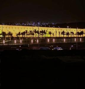 ein Parkplatz mit Palmen und Nachtlicht in der Unterkunft The view pyramids hostel in Kairo