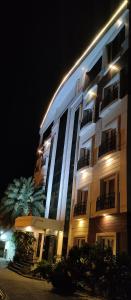 un gran edificio con luces encendidas por la noche en Pine Tree, en Kanchipuram