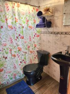 een badkamer met een zwart toilet en een wastafel bij Cabañas Entre copihues in Osorno