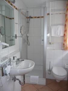 ein Bad mit einem Waschbecken, einer Dusche und einem WC in der Unterkunft Zum Waldhorn in Peterstal